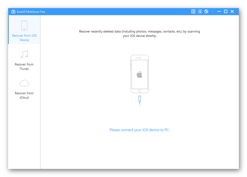 Главный экран программы EaseUS MobiSaver для восстановления отдельных файлов iPhone, используя бэкапы iTunes и iCloud