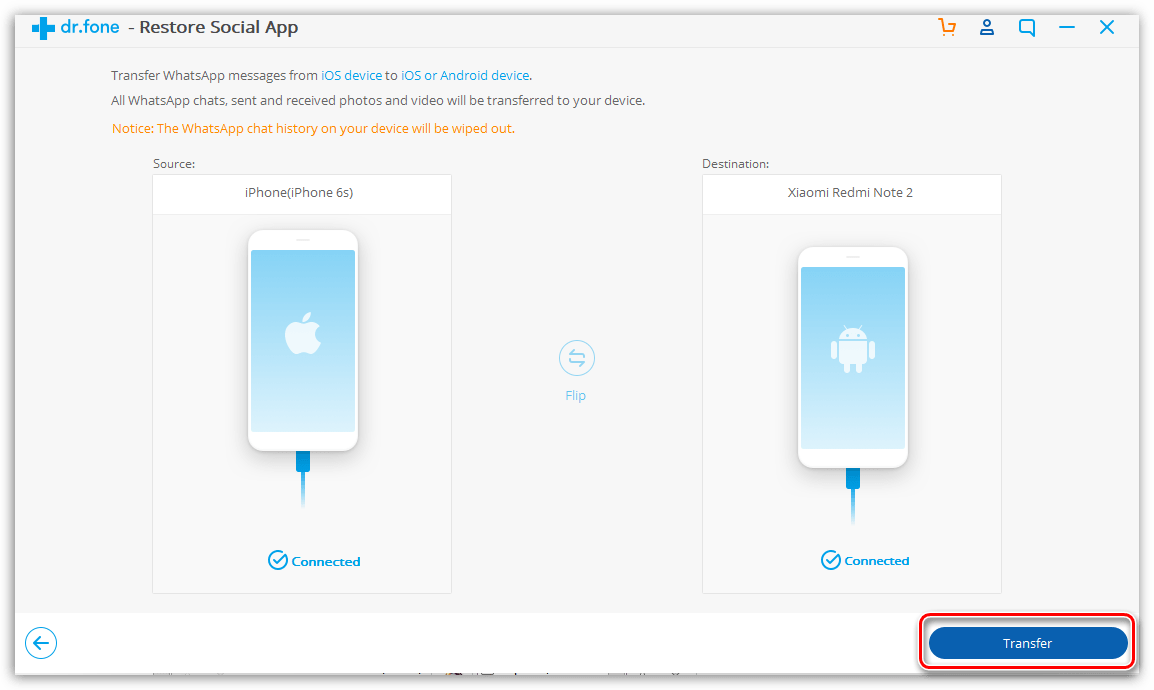 Запуск переноса WhatsApp с iPhone на iPhone в программе dr.fone