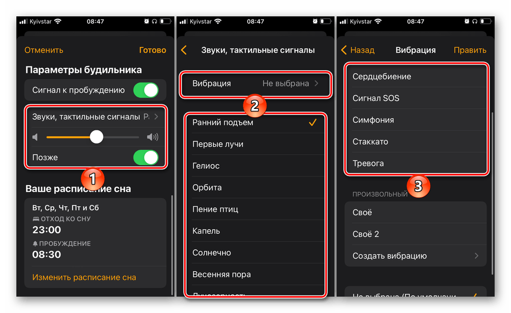 Дополнительные параметры будильника в приложении Часы и Здоровье на iPhone