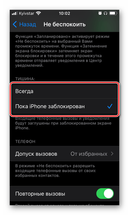 Параметры тишины в режиме Не беспокоить в настройках на iPhone