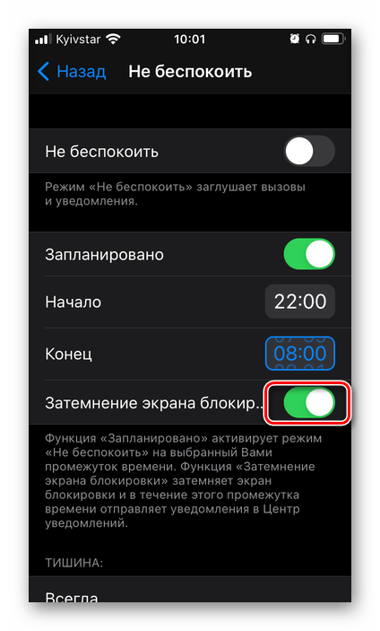 Затемнение экрана блокировки в режиме Не беспокоить в настройках на iPhone
