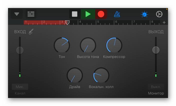 Процесс записи звука в приложении GarageBand для iPhone