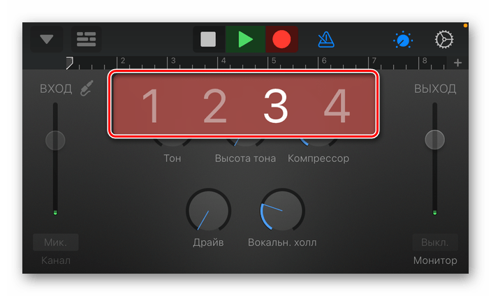 Отсчет перед записью звука в приложении GarageBand для iPhone