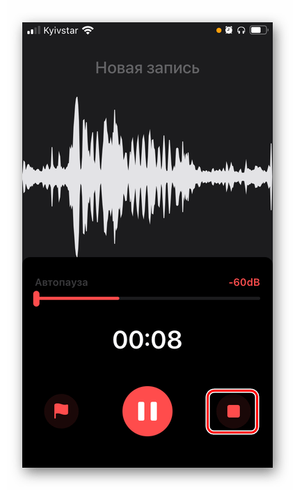 Остановить запись звука в приложении Linfei Recorder для iPhone