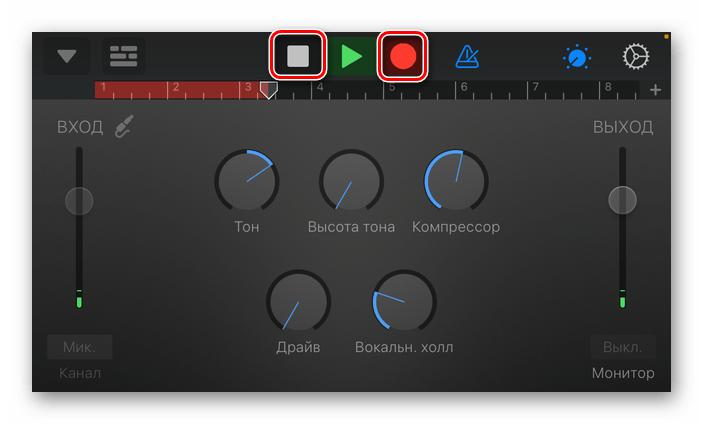 Остановка и приостановка записи звука в приложении GarageBand для iPhone