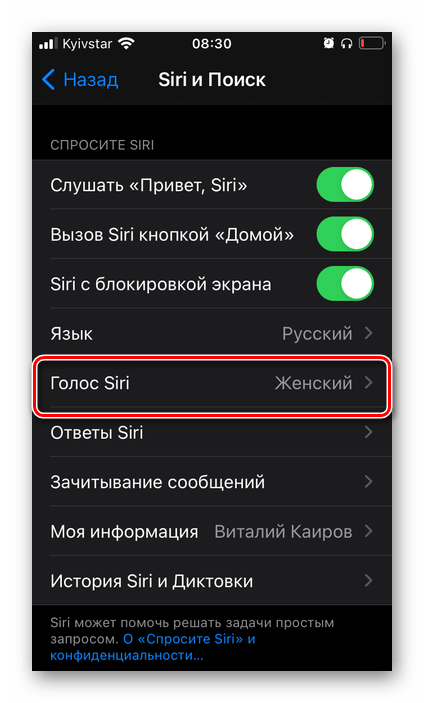 Выбор голоса работы голосового ассистента Siri в настройках iOS на iPhone