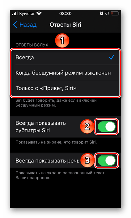 Настройка работы ответов голосового ассистента Siri в настройках iOS на iPhone