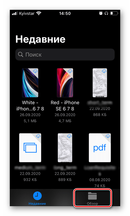 Перейти на вкладку Обзор в приложении Файлы на iPhone