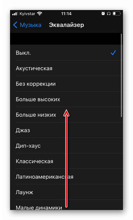 Выбор пресета Эквалайзера в настройках приложения Музыка на iPhone