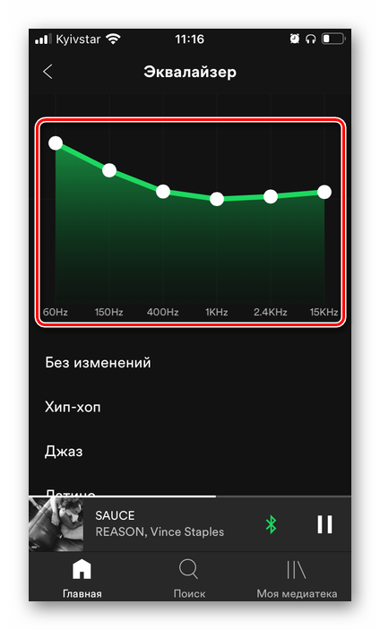 Изменение значений эквалайзера в настройках приложения Spotify на iPhone