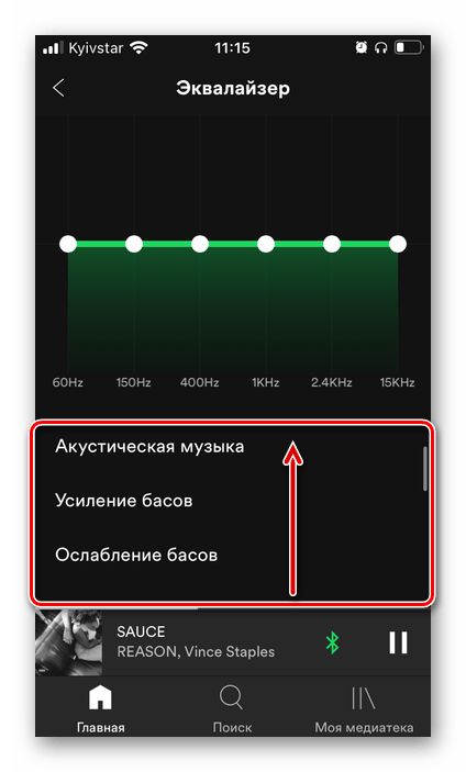 Выбор пресетов эквалайзера в настройках приложения Spotify на iPhone