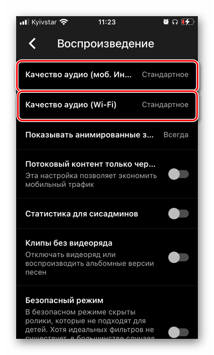 Выбор качества воспроизведения в приложении YouTube Музыка на iPhone