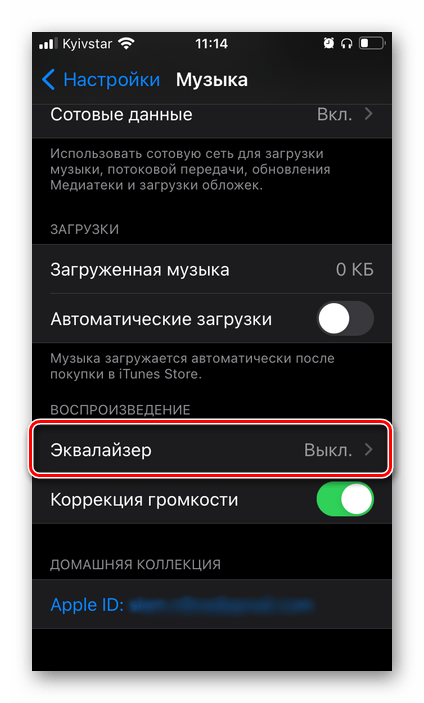 Открыть раздел Эквалайзер в настройках приложения Музыка на iPhone