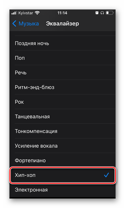 Выбор подходящего пресета Эквалайзера в настройках приложения Музыка на iPhone
