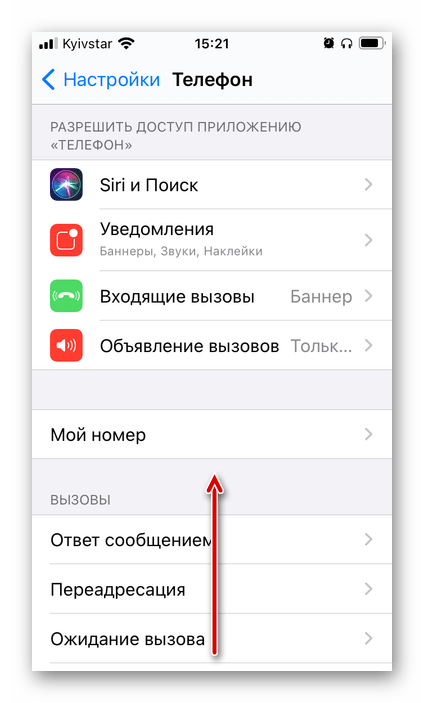 Прокрутить вниз параметры приложения Телефон на iPhone