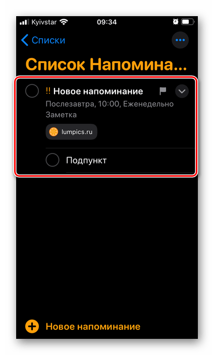 Новое напоминание в приложении Напоминания на iPhone