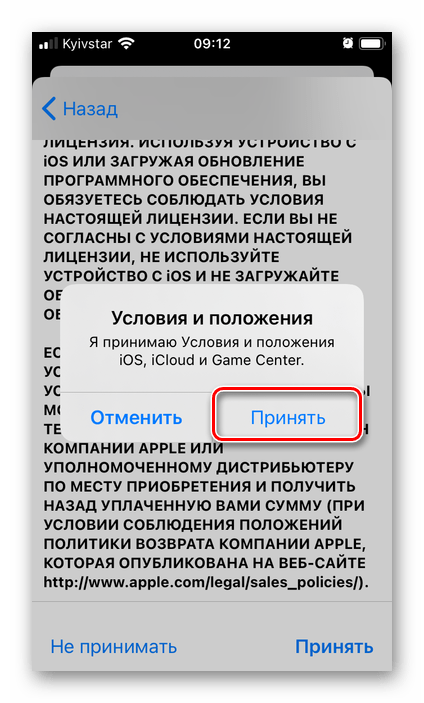 Подтвердить принятие условий и положений для использования приложения Почта на iPhone