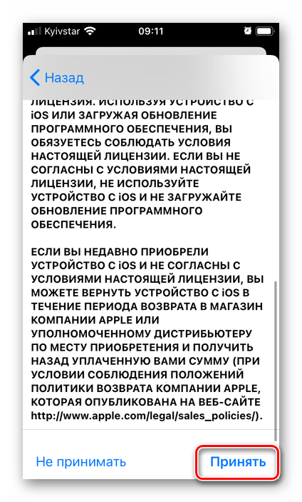 Принять условия и положения для использования приложения Почта на iPhone