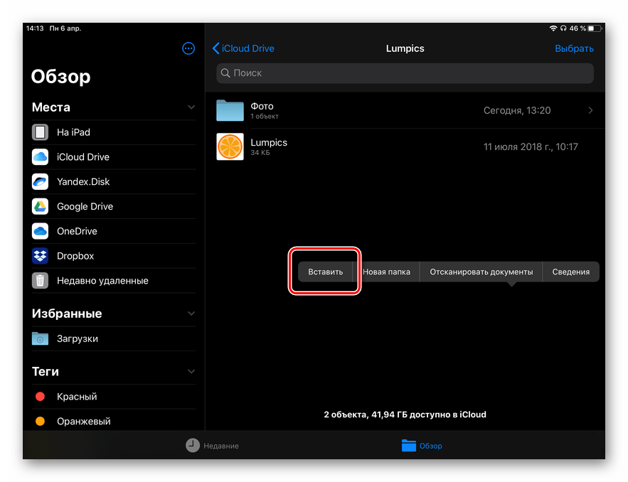 Вставить скопированные фото из Dropbox в хранилище iPad