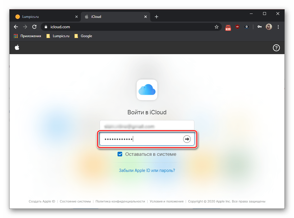 ввод пароля для входа на сайт iCloud в браузере для сброса настроек iPad
