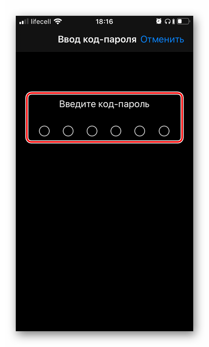 Ввод код-пароля для сброса настроек сети на iPhone