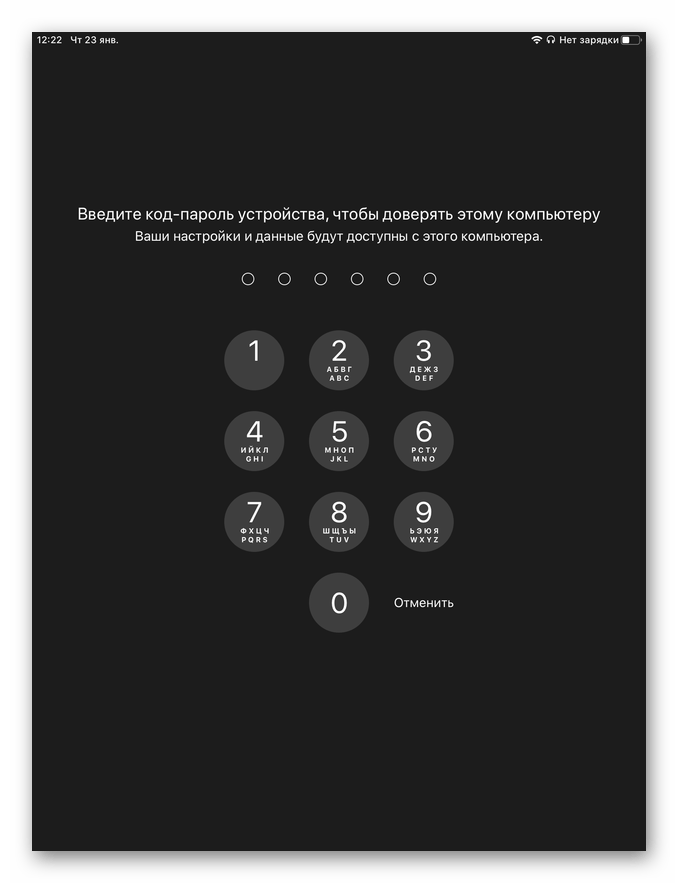 Ввод код-пароля для подтверждения доверия к компьютеру при подключении iPad к iTunes
