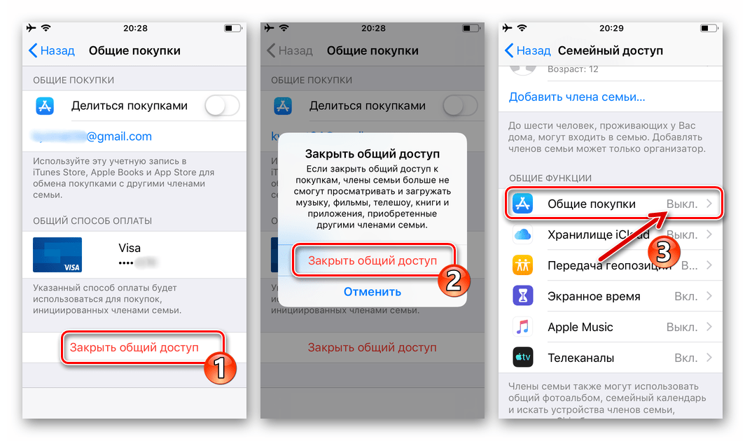 Семейный доступа на iPhone Закрыть общий доступ к покупкам