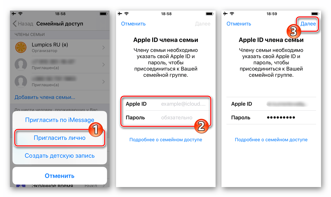 iPhone добавление участника Семейного доступа путем ввода его Apple ID и пароля