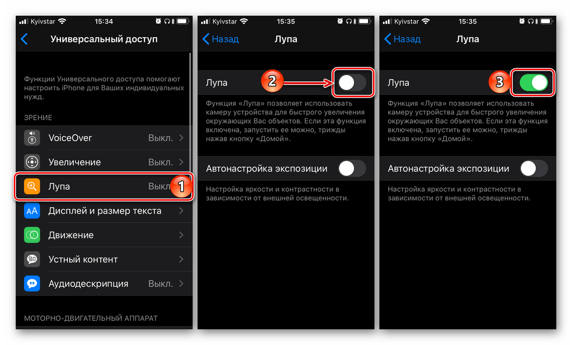 Включить функцию Лупа в настройках Универсального доступа на iPhone