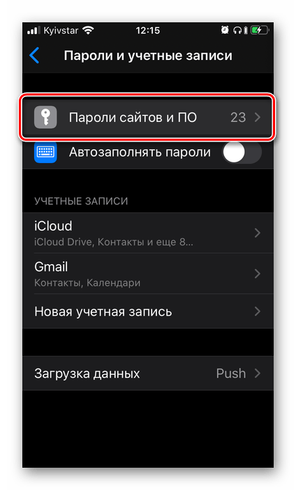 Переход к разделу Пароли сайтов и ПО на iPhone