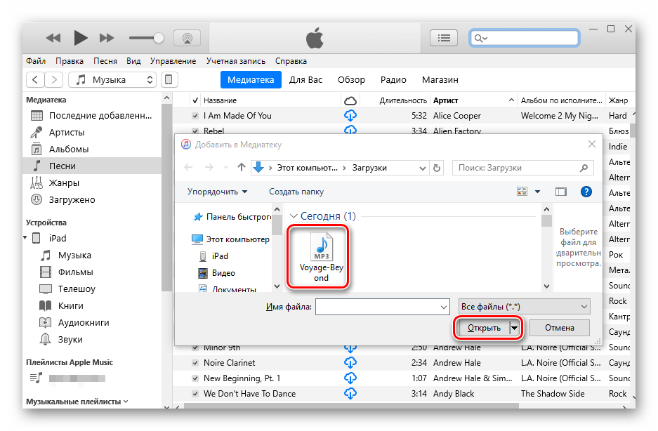 Открытие нужного файла в программе iTunes