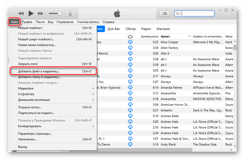 Добавление нового файла в медиатеку в программе iTunes
