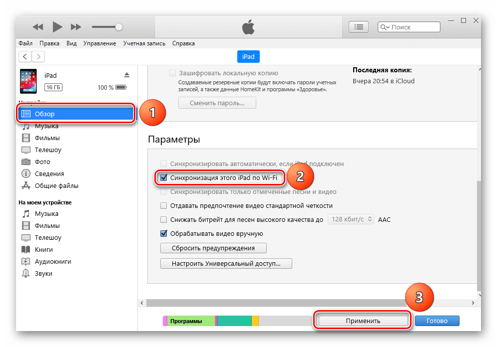 Процесс включения синхронизации iPad iTunes через Wi-Fi