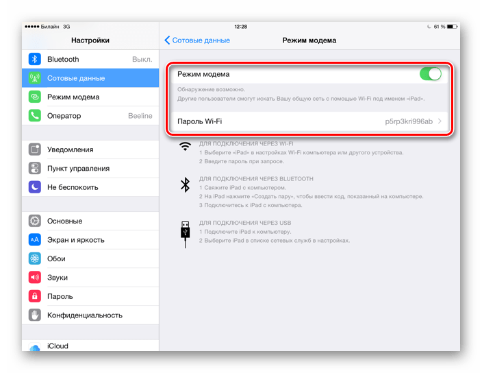 Включение режима модема на iPad