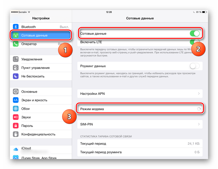 Переход в раздел Сотовые данные в настройках iPad