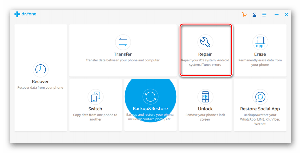 Нажатие на кнопку Repair в программе dr.fone