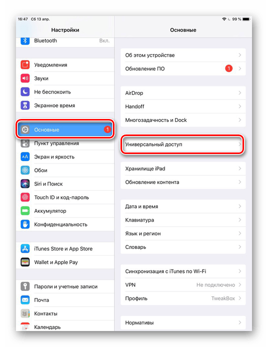 Переход в раздел Универсальный доступ в настройках iPad