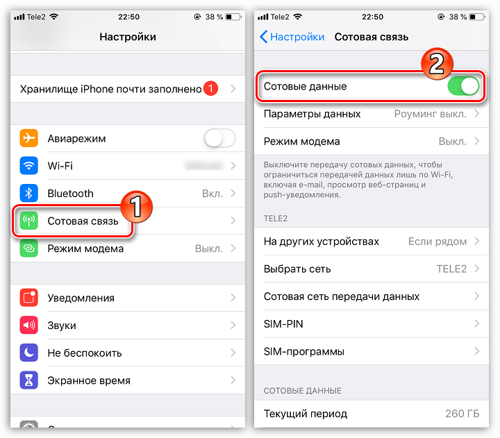 Активация передачи сотовых данных на iPhone