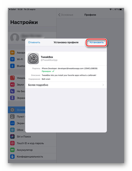 Процесс установки приложения TweakBox на iPad