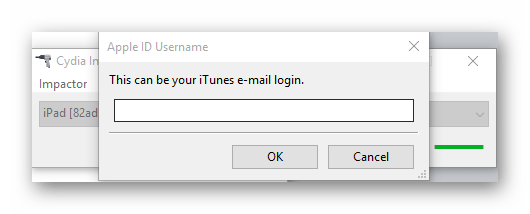 Процесс ввода Apple ID в программе Cydia Impactor для установки приложения на iPad в обход App Store