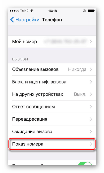 Переход в подраздел Показ номера в настройках iPhone для активирования функции скрытия телефонного номера