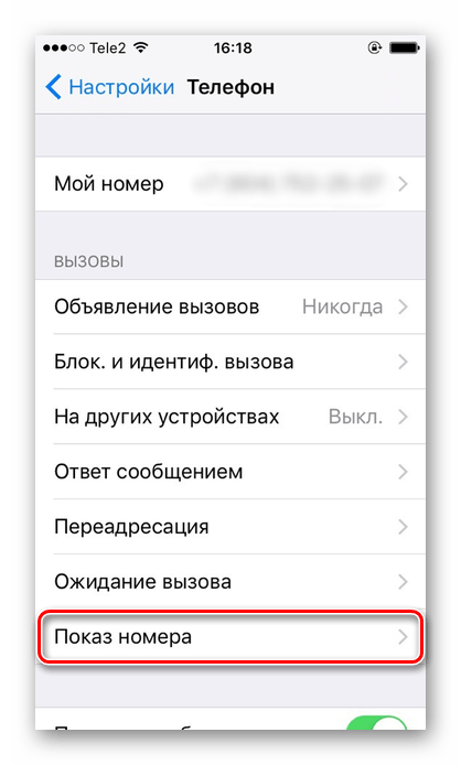 Переход в подраздел Показ номера на iPhone