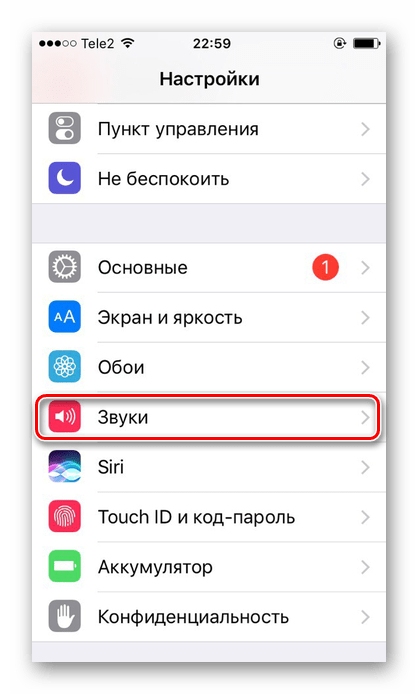 Переход в раздел Звуки в настройках iPhone для включения беззвучного режима