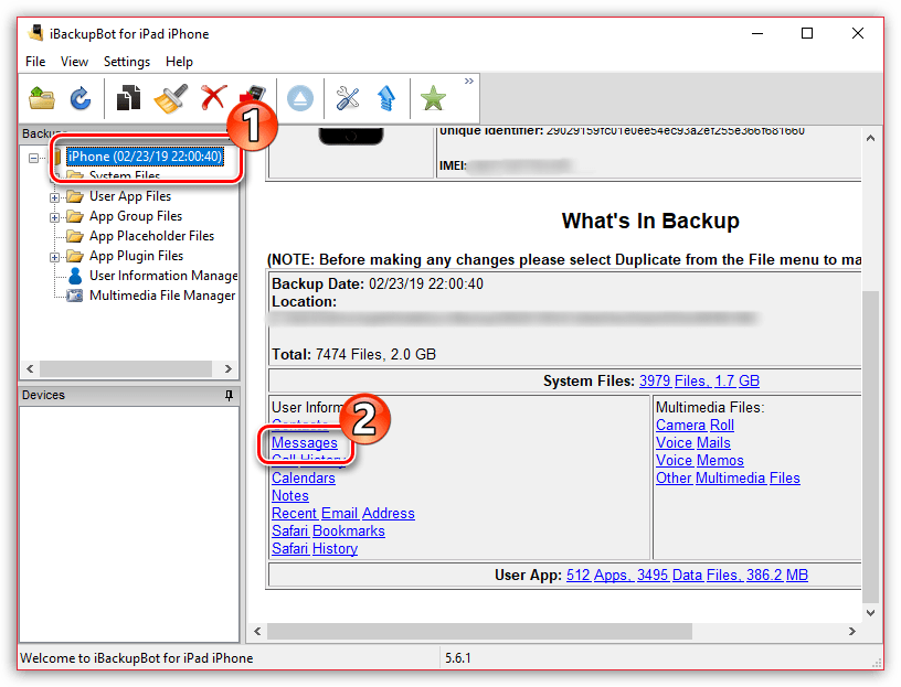 Управление сообщениями iPhone в программе iBackupBot