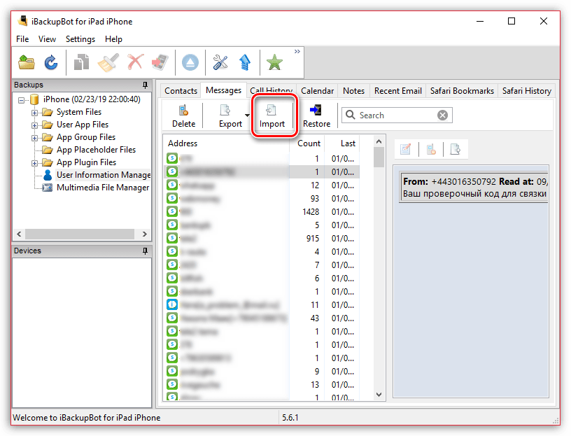 Перенос СМС-сообщений с Айфона на Айфон в программе iBackupBot