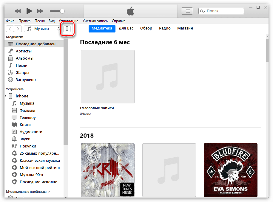 Меню iPhone в программе iTunes