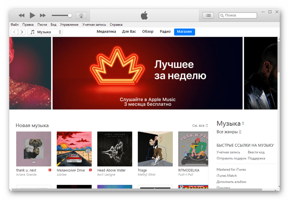 Главный экран программы iTunes на компьютере