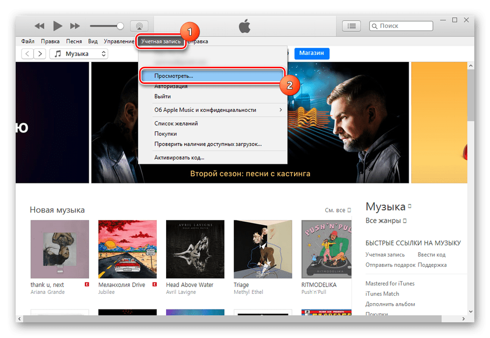 Переход в учетную запись пользователя в программе iTunes на компьютере