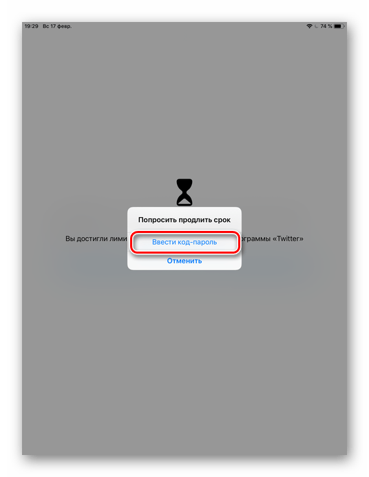 Ввод кода-пароля для входа в настройки лимита времени на приложение на iPhone