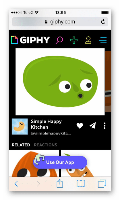 Переход на сайт Giphy для скачивания гиф-анимации на iPhone